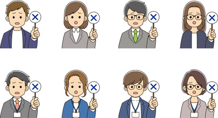 ×の札を出すスーツを着た若者たち