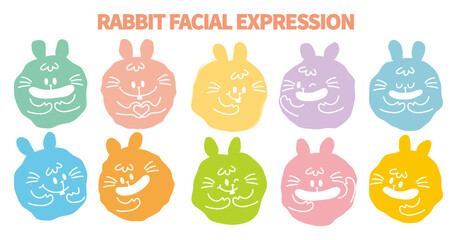 Abstract round rabbit face with variety of expression.Collection of bunny facial emoticon with hand drawn style.Modern animal emoji.Colorful circle rabbit face.Easter day, egg, colorful bunny face.