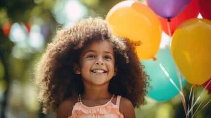 A cute little afro american kid girl celebrating birthday at a birthday party with colorful balloons outside - Powered by Adobe