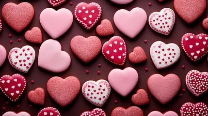 Fotobehang Top angle view of pink, red and chocolate cookies with heart shape pattern. Group of heart shape cookies. For greeting, romantic wallpaper concept. Generative AI © Ibnu