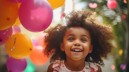 Fototapeta na wymiar A cute little afro american kid girl celebrating birthday at a birthday party with colorful balloons outside