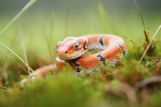 corn snake camouflaged in grass