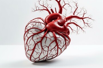Red elegant heart with veins on shaded white background. Generative AI