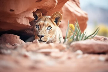 Rucksack cougar hidden among desert rocks eyeing a lizard © primopiano