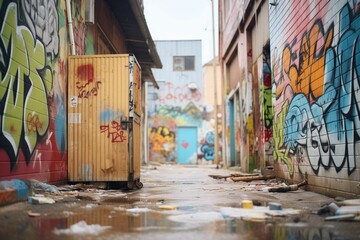 abandoned alley with boarded-up doors and graffiti tags