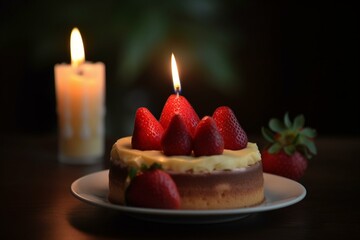 An image of a delicious cake with a strawberry on top and a candle in the background. Generative AI