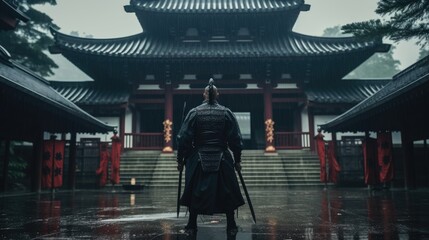 A epic samurai with a weapon sword standing in front of a old japanese temple shrine. rainy day with grey sky and tones. asian culture