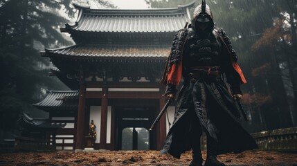 A epic samurai with a weapon sword standing in front of a old japanese temple shrine. rainy day...