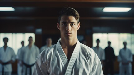 A karate asian martial art training in a dojo hall. young man wearing white kimono and black belt fighting learning, exercising and teaching. students watching in the background