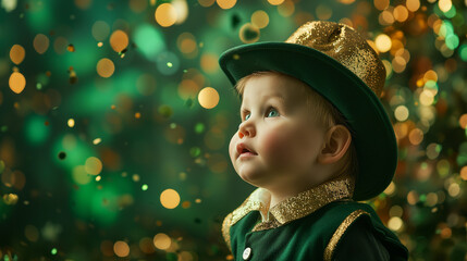 cute todler dressed in a leprechaun costume isolated on a dark green background with copy space. gold and green confetti. festive atmosphere on St. Patrick's Day.