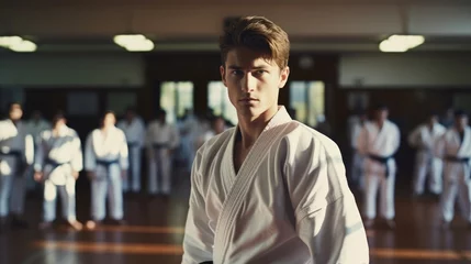 Foto op Plexiglas A karate asian martial art training in a dojo hall. young man wearing white kimono and black belt fighting learning, exercising and teaching. students watching in the background © Zainab