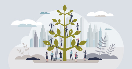 Career growth and business development with progress tiny person concept. Successful profit company as growing plant with employees vector illustration. Financial success with rising money earnings. - Powered by Adobe