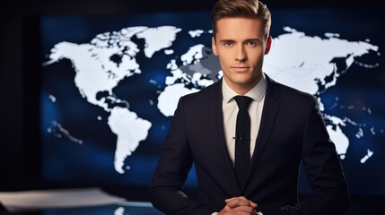 A photo of a tv news presenter on a popular channel. live stream broadcast on television. handsome white american british guy in a suit. weather forecast in studio. world map background