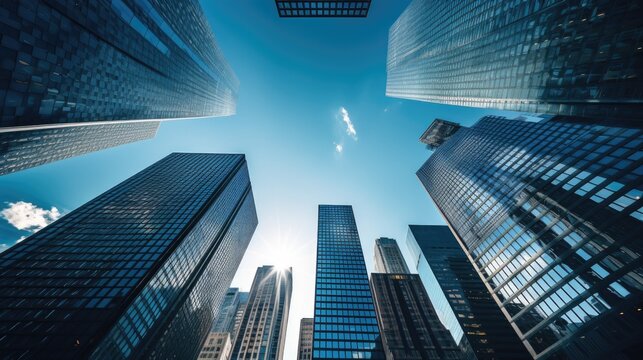 A wallpaper dekstop background photo of a modern office buildings skyscrapers taken from below with blue cloudy sky in the back