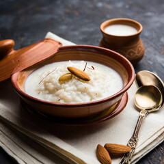 Fototapeta na wymiar rice kheer or firni or chawal ki khir is a pudding from indian subcontinent, made by boiling milk ,sugar and rice. served in a bowl