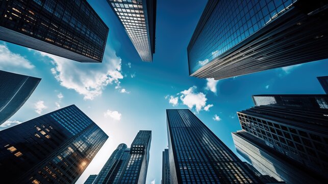 A wallpaper dekstop background photo of a modern office buildings skyscrapers taken from below with blue cloudy sky in the back