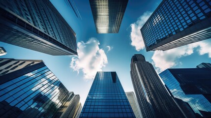 A wallpaper dekstop background photo of a modern office buildings skyscrapers taken from below with blue cloudy sky in the back
