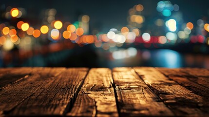 Blank wood tabletop with blurred night city skyline and river, showcase, nightlife,