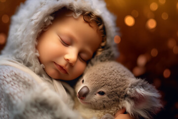 Little cute little baby sleeps peacefully with a little koala