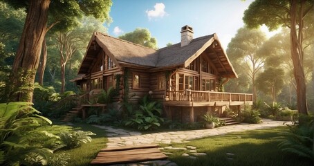 Fototapeta na wymiar A charming wooden cottage surrounded by towering trees, bathed in warm sunlight, offering a serene retreat in the heart of the jungle. hyper-realistic, lifelike, -Generative Ai