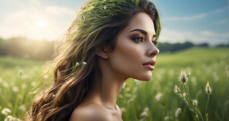A dew-kissed morning meadow reflected in the glossy sheen of a sleek hairstyle. hyper-realistic, lifelike, ultra-detailed, Wide-angle lens -Generative Ai - obrazy, fototapety, plakaty