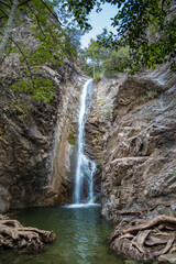 Millomeris waterfall in the mountains of Troodos on the island of Cyprus. Mediterranean Sea. Europe.