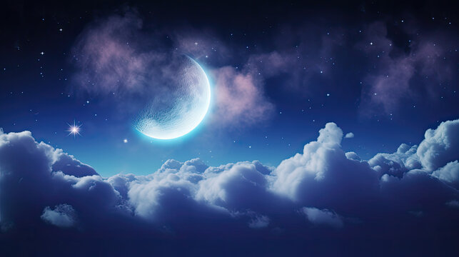 moon and clouds blue background 