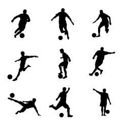 Silhouette collection of male soccer player kicking a ball. Silhouette group of football player in action pose.