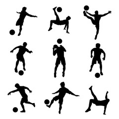 Silhouette collection of male soccer player kicking a ball. Silhouette group of football player in action pose.