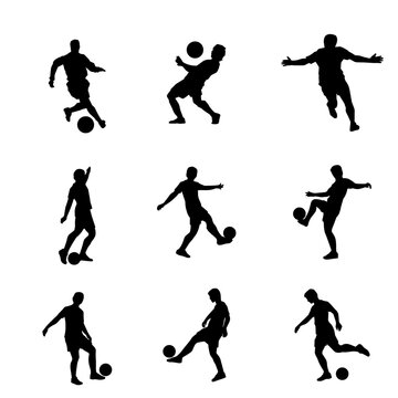 Silhouette collection of male soccer player kicking a ball. Silhouette group of football player in action pose.