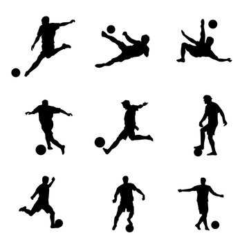 Silhouette collection of male soccer player kicking a ball. Silhouette group of football player in action pose.