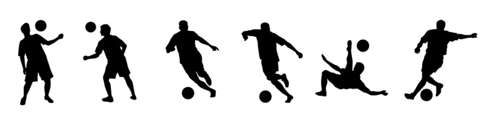 Fototapeta na wymiar Silhouette collection of male soccer player kicking a ball. Silhouette group of football player in action pose.