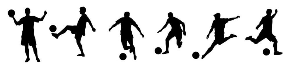 Silhouette collection of male soccer player kicking a ball. Silhouette group of football player in action pose. © anom_t