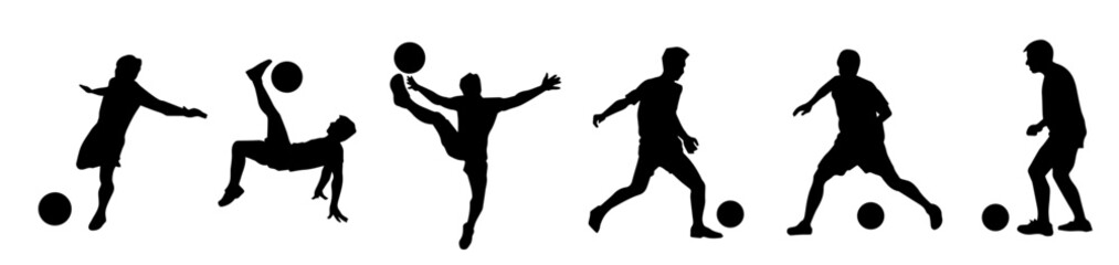 Silhouette collection of male soccer player kicking a ball. Silhouette group of football player in action pose.