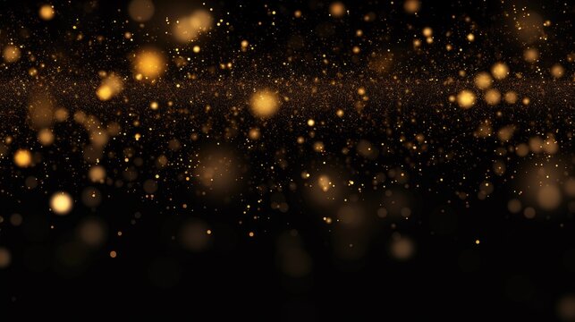 Abstract golden particles and sprinkles powder line explosion for holiday celebration like christmas. shiny gold lights. wallpaper black background for ads or gifts wrap and web design