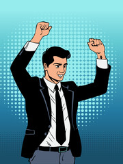 Celebrating victory. Politician with his hands raised high. Businessman rejoices at success. A man in a business suit. Retro vintage style. Color comic pop art.