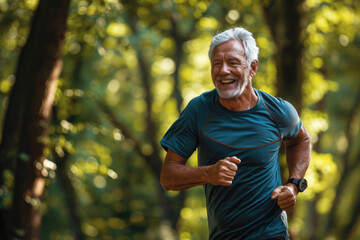 Happy Senior man running in a park for health, wellness and outdoor exercise. Nature, sports and male athlete runner doing cardio workout in garden. Healthy Concept. - obrazy, fototapety, plakaty