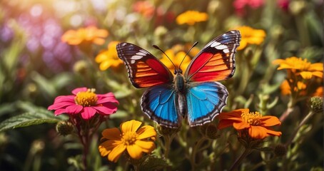 A vibrant rainbow-colored butterfly perched on a bed of wildflowers, bringing a burst of color to a sunlit meadow. hyper-realistic, lifelike, ultra-detailed, Wide-angle lens -Generative Ai
