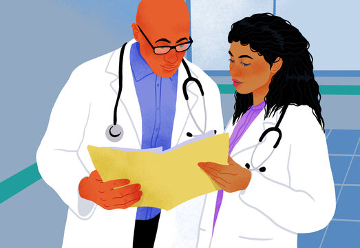 Doctors checking patient record, illustration
