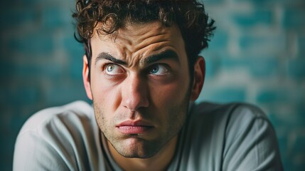 Confused man with creased forehead and pursed lips, deep in contemplation. Detailed stock image depicting worry and confusion