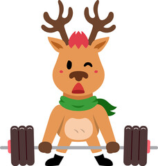 Cartoon christmas reindeer doing barbell weight training for design.