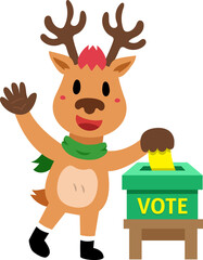 Cartoon christmas reindeer voting paper in the ballot box for design.