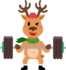 Cartoon happy christmas reindeer doing barbell weight training for design.