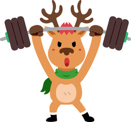 Cartoon christmas reindeer doing weight training for design.
