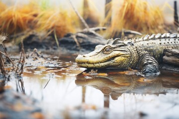 Fototapeta premium crocodile eyeing prey from a distance, camouflaged by swamp