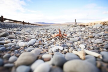dry riverbed with exposed stones and pebbles - obrazy, fototapety, plakaty