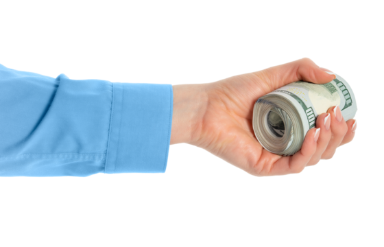 Female hand holding 100 dollar bills isolated on white background 