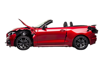 Side view of a Modern Convertible SUV: Cherry red dents from the accident isolated on transparent background.