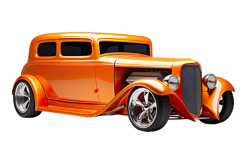 Side view of a Hot Rod: Flame orange dents from the accident isolated on transparent background.