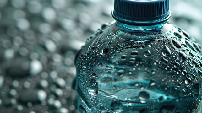 A hyper-realistic stock image of a clear plastic water bottle, covered in droplets of condensation. It showcases the concept of hydration, refreshment, and environmental concerns